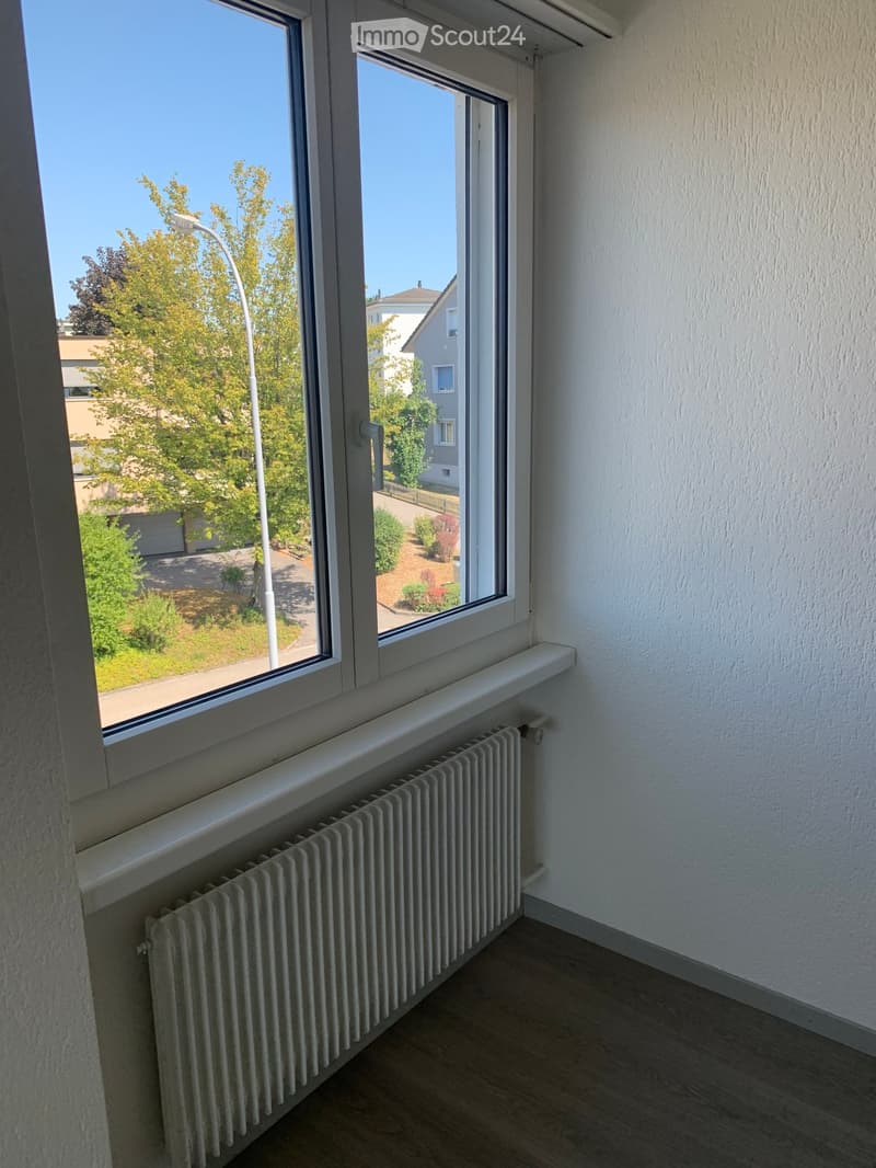 Empty room with wooden flooring, white walls, large window with radiator below, view of trees and neighboring houses.
