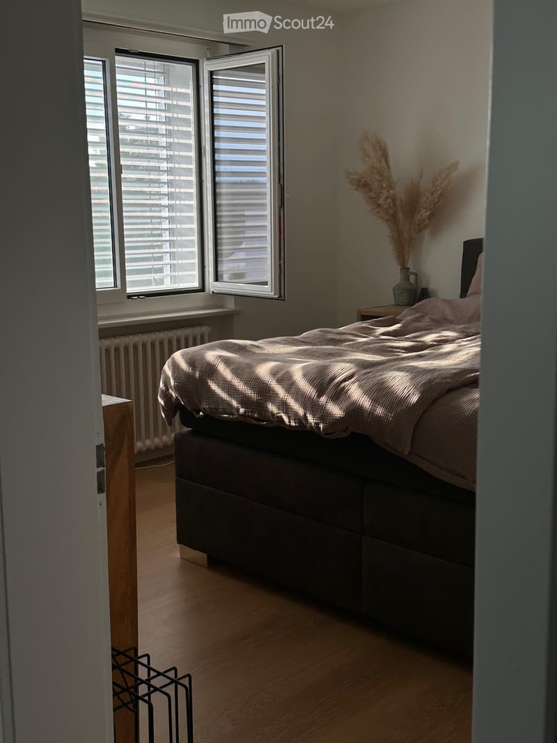 Modern bedroom with a large bed, nightstand, vase with dried flowers, and large windows with blinds.