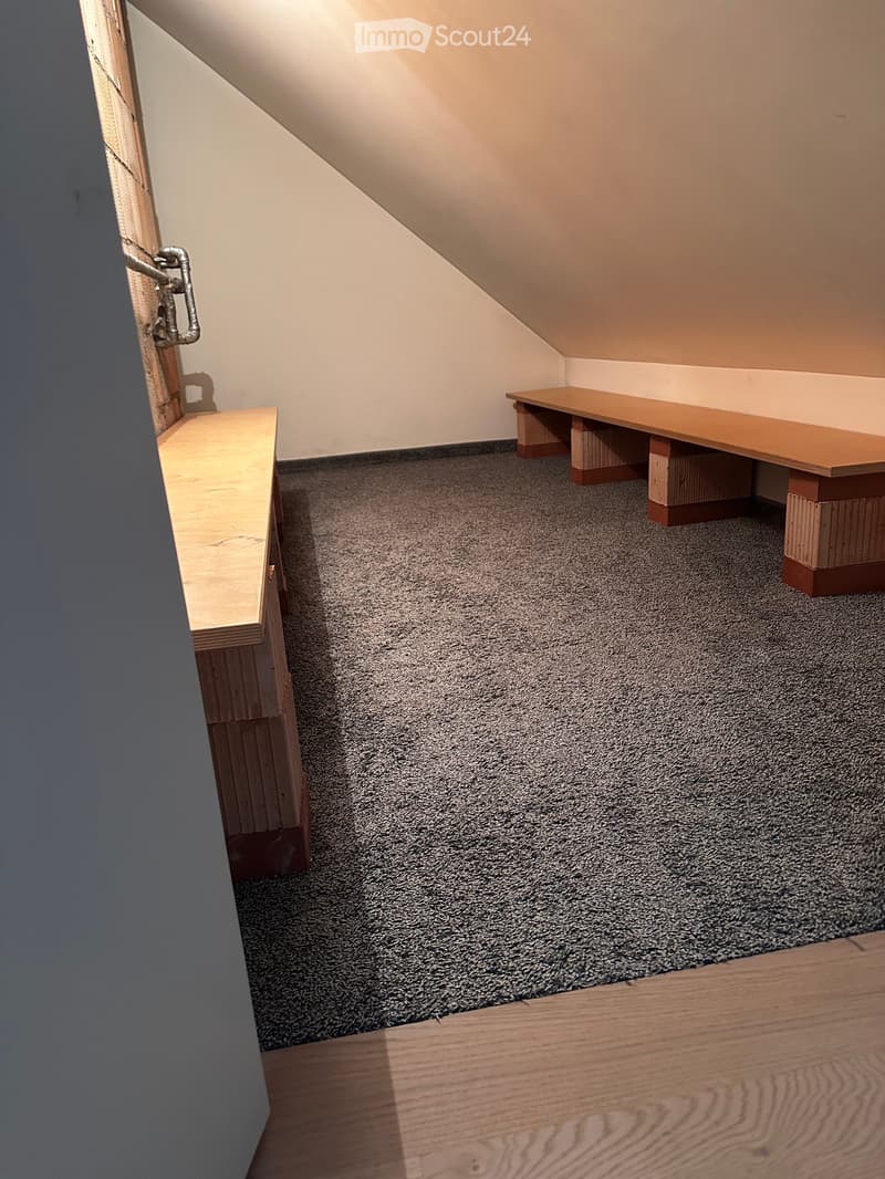 An attic room with sloped ceilings, carpeted floor, and two wooden benches placed against the walls.
