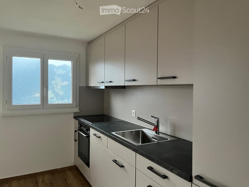 Modern kitchen with white cabinets, black countertop, stainless steel sink, and faucet. Features a window with a scenic view.
