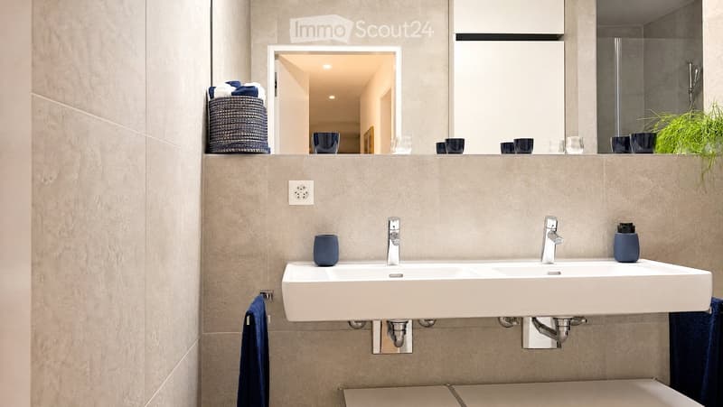 Modern bathroom with a double sink, sleek faucets, a large mirror, decorative cups, and a small plant on the counter.