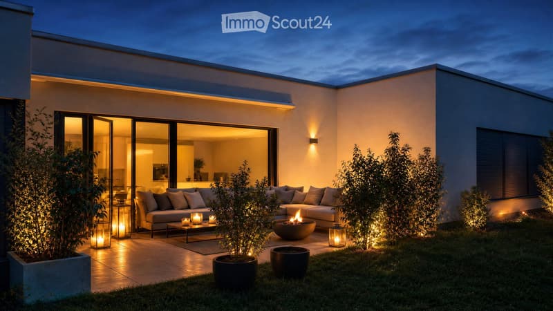 Modern outdoor living space with a sectional sofa, coffee table, fire pit, lanterns, and potted plants, adjacent to a well-lit house with large glass doors.