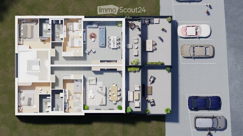 Top-down floor plan of a modern house with multiple bedrooms, bathrooms, living and dining areas, and an outdoor patio with parking spaces.
