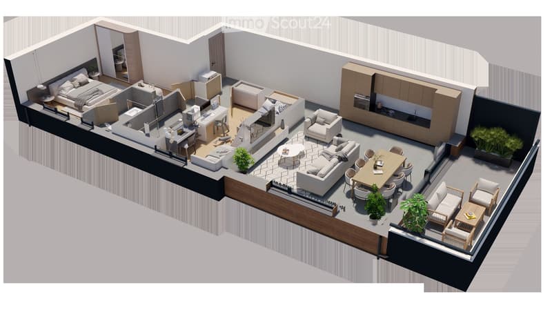 3D floor plan of a modern apartment with a living room, dining area, kitchen, bedroom, and balcony. Features include a sofa, dining table, chairs, bed, and kitchen cabinets.