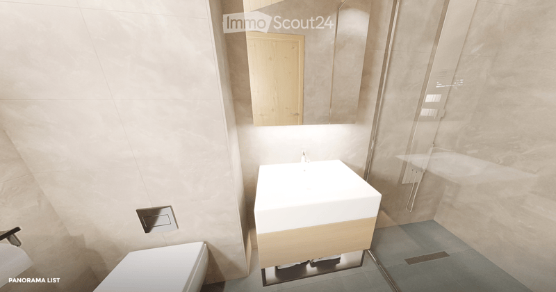 Modern bathroom with a white sink, toilet, large mirror, and wooden cabinet.