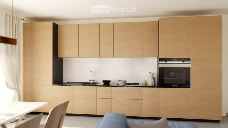 Modern kitchen with light wood cabinets, stainless steel appliances, and a white dining table with chairs.