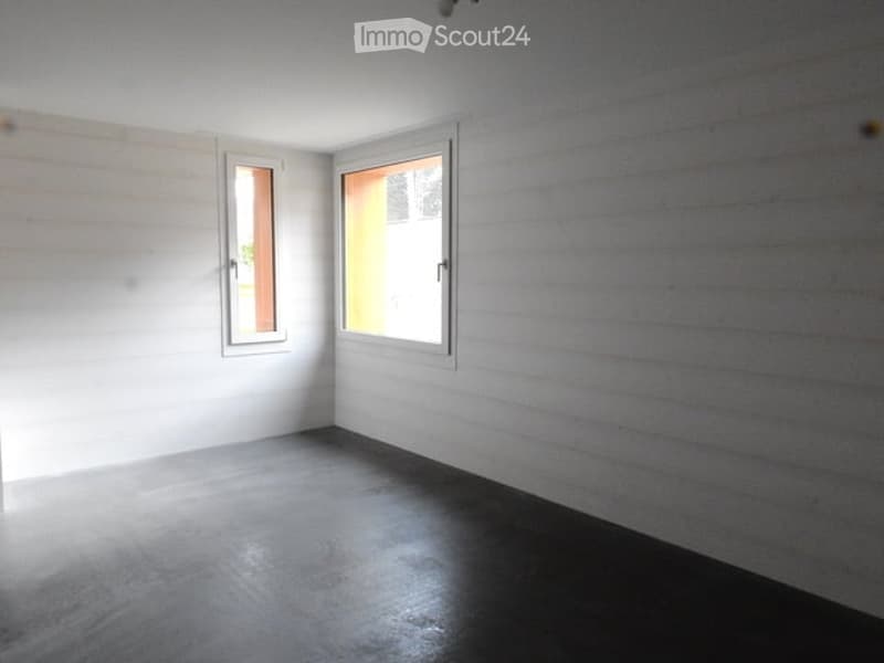Empty room with white walls, dark grey floor, and two windows with white frames.