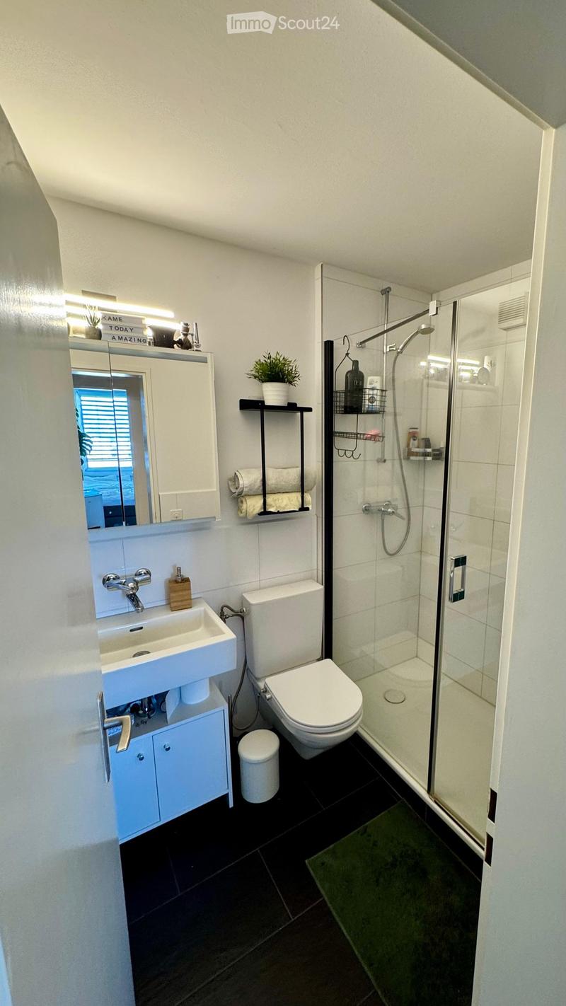 Modern bathroom with white tiles, black floor, sink, toilet, shower, mirror, towel rack, and small plant on shelf.