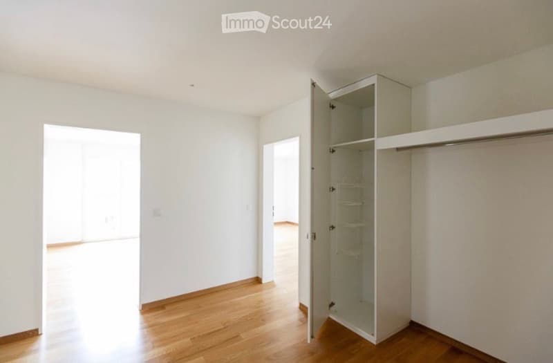 Empty room with light wooden flooring, white walls, and an open closet with empty shelves and hanging space.