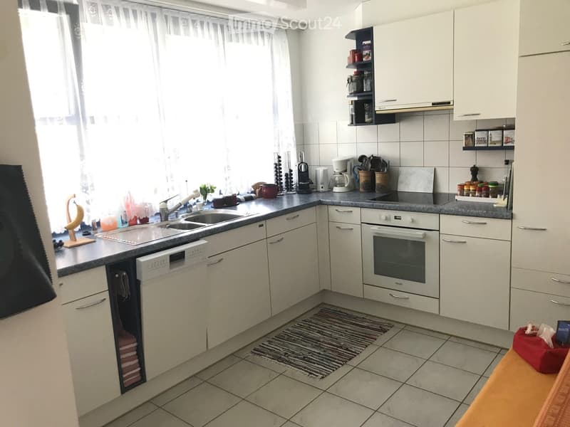 Modern kitchen with white cabinets, granite countertops, and stainless steel appliances including a sink, oven, and dishwasher. The space features a small rug on the floor and various kitchen items on the countertops.