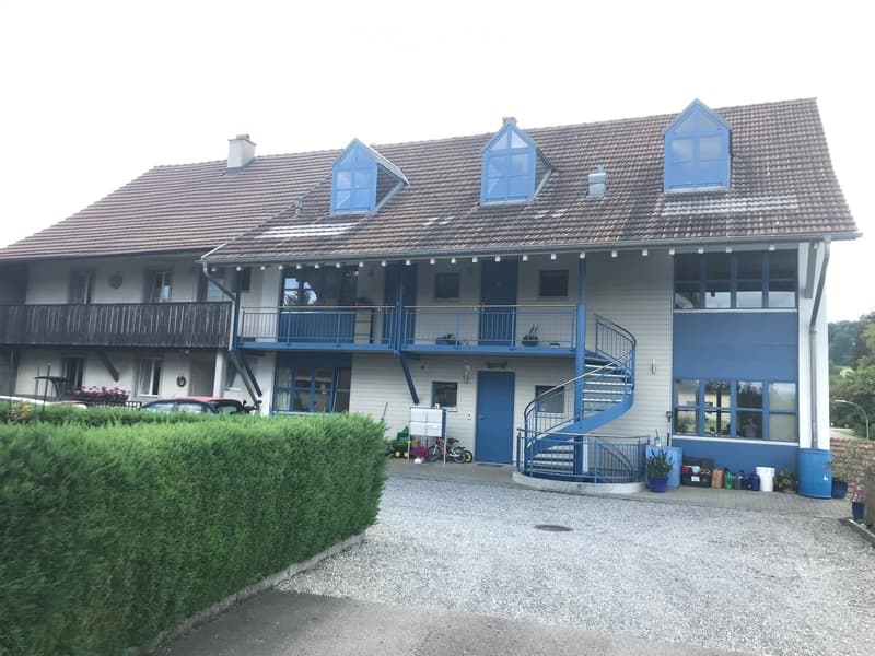 Two-story house with a tiled roof, blue accents, balconies, and a spiral staircase leading to the entrance.
