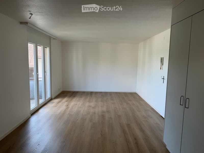 Empty room with light wooden flooring, white walls, and large glass sliding doors leading to a balcony.