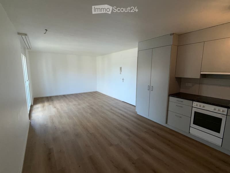 Modern kitchen with light wooden flooring, white cabinets, and a built-in oven. The space is clean and unfurnished aside from the kitchen units.
