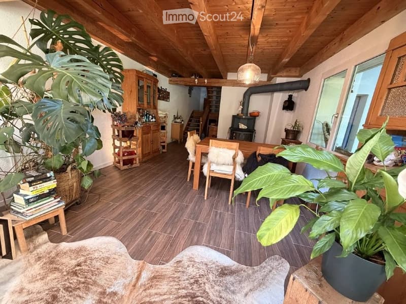 Cozy living and dining area with wooden beams, a dining table with chairs, a cabinet, a fireplace, and large potted plants.