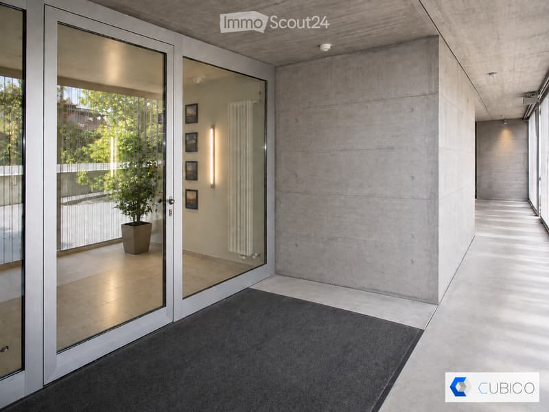 Modern hallway with concrete walls, glass doors leading to a room with a potted plant, framed pictures, and a radiator. The floor is tiled, and the ceiling is wooden.
