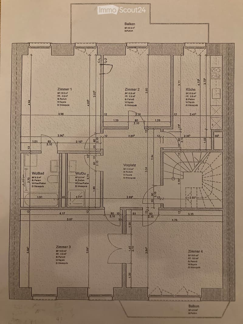Floor plan showing four bedrooms, a kitchen, two bathrooms, a hallway, and a balcony.