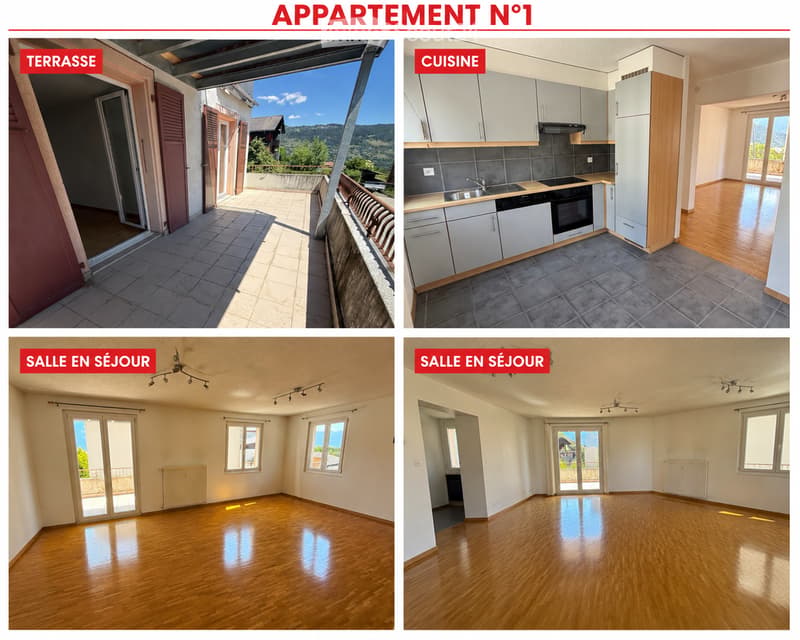 Four images show an unfurnished apartment: a tiled balcony with a scenic mountain view, a modern kitchen with white cabinets and stainless steel appliances, and two empty living rooms with wooden flooring and large windows offering views.