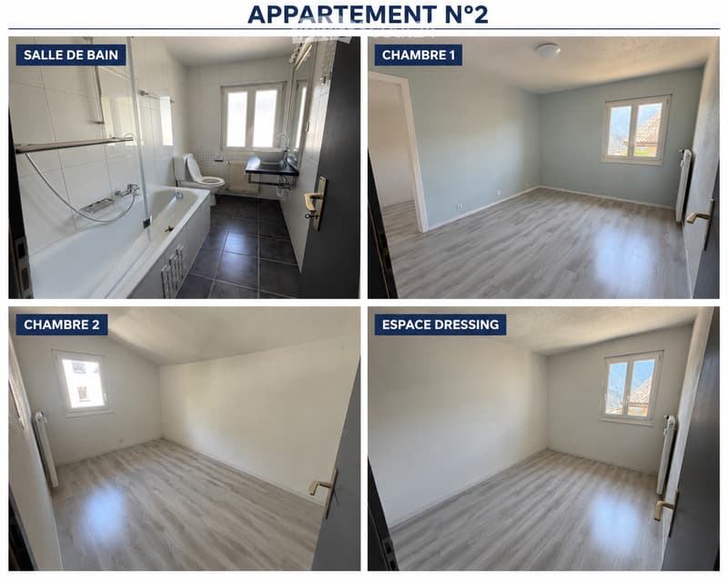 Four unfurnished rooms: a bathroom with a bathtub, toilet, sink, and shower; two bedrooms with wooden flooring and windows; and a dressing space with wooden flooring and a window.