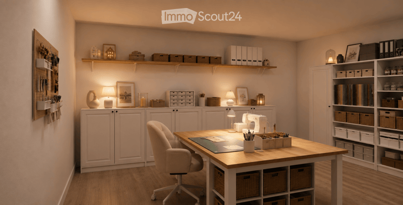 Well-organized home office with a wooden desk, ergonomic chair, white cabinets, shelves filled with books and storage boxes, and decorative items including lamps and picture frames.