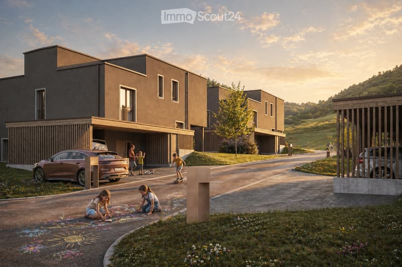 Modern two-story house with a flat roof, large windows, and a covered parking area. The house is surrounded by a well-maintained garden and a paved driveway where children are playing with chalk drawings.