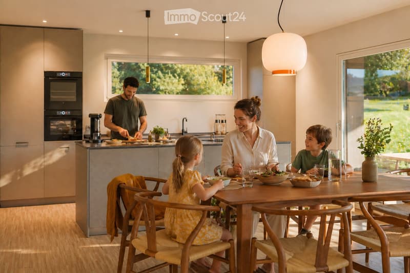 Modern kitchen with a wooden dining table and chairs, a pendant light, and a family enjoying a meal. The kitchen features an oven, a coffee maker, and a plant on the counter.