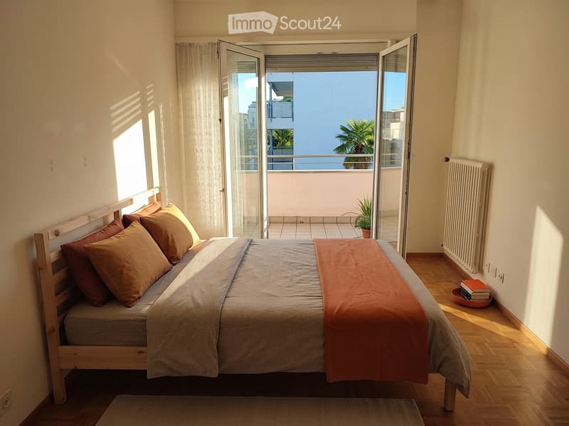 Bright bedroom with wooden floor, bed with pillows and blanket, radiator, books on the floor, and a view of a balcony with a plant.
