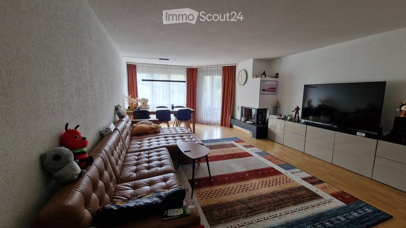 Modern living room with a leather sofa, coffee table, flat-screen TV, dining area with chairs, fireplace, and decorative items.