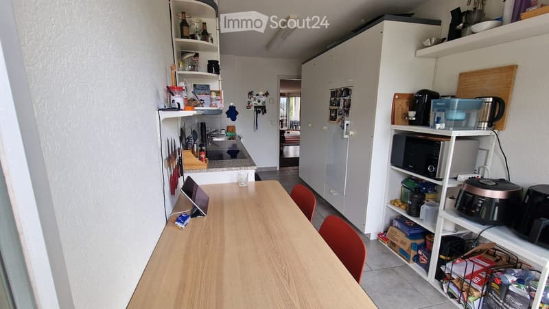 The kitchen features a wooden dining table with red chairs, white cabinets, a refrigerator, microwave, and various kitchen appliances on shelves. There are also bottles and other kitchen items on the shelves.