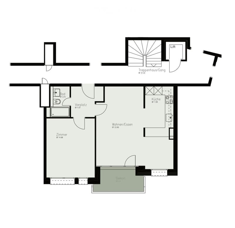 Floor plan of a 3-room apartment with a living/dining area, bedroom, kitchen, hallway, and balcony.