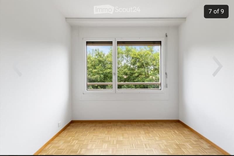 Empty room with white walls, wooden herringbone floor, and large double windows showing greenery outside.