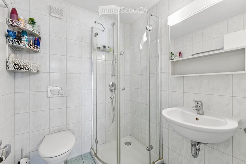 Modern bathroom with white tiles, a glass-enclosed shower, a toilet, a sink with a mirror, and shelves holding toiletries.