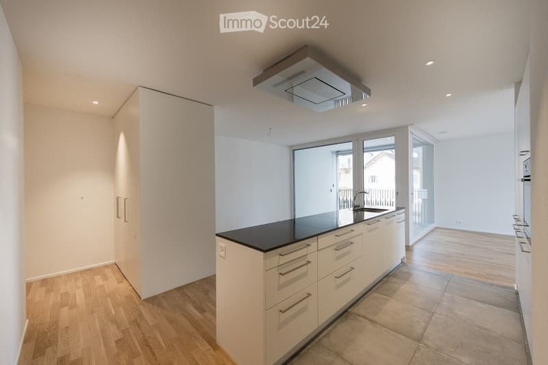 Modern kitchen with white cabinets, black countertop, and wooden flooring. Features a large window and a built-in sink with a modern faucet.