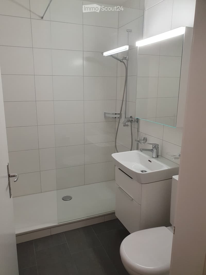 Modern bathroom with white tiled walls, a glass-enclosed shower, a white sink with a modern faucet, a toilet, and a large mirror with built-in lighting.