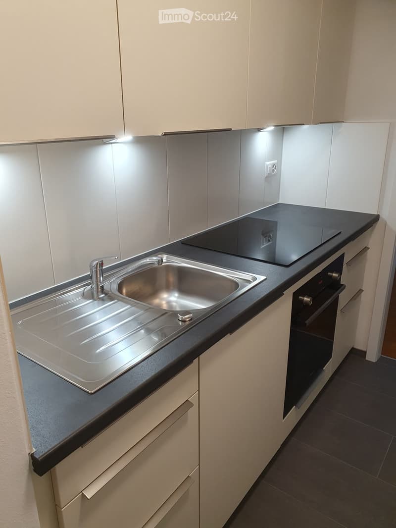 Modern kitchen with white cabinets, black countertop, stainless steel sink, and built-in oven.