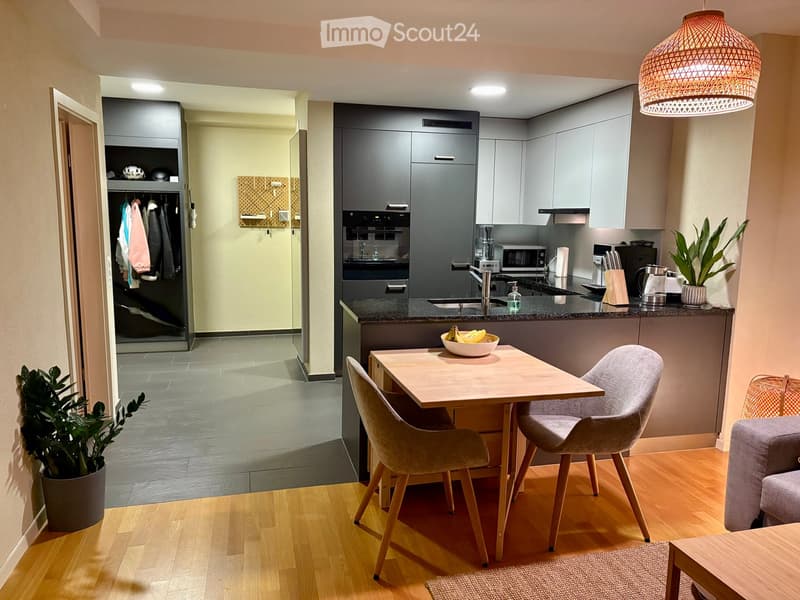 Modern kitchen and dining area with grey cabinets, a wooden dining table, two chairs, a bowl of bananas, a potted plant, and a hanging lamp.