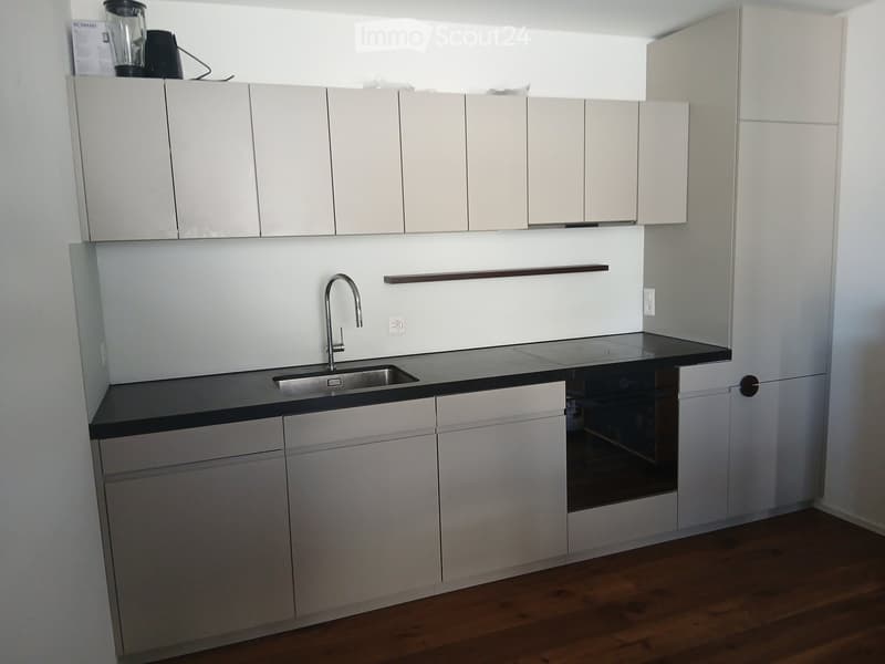 Modern kitchen with white cabinets, black countertops, stainless steel sink, and a built-in oven.