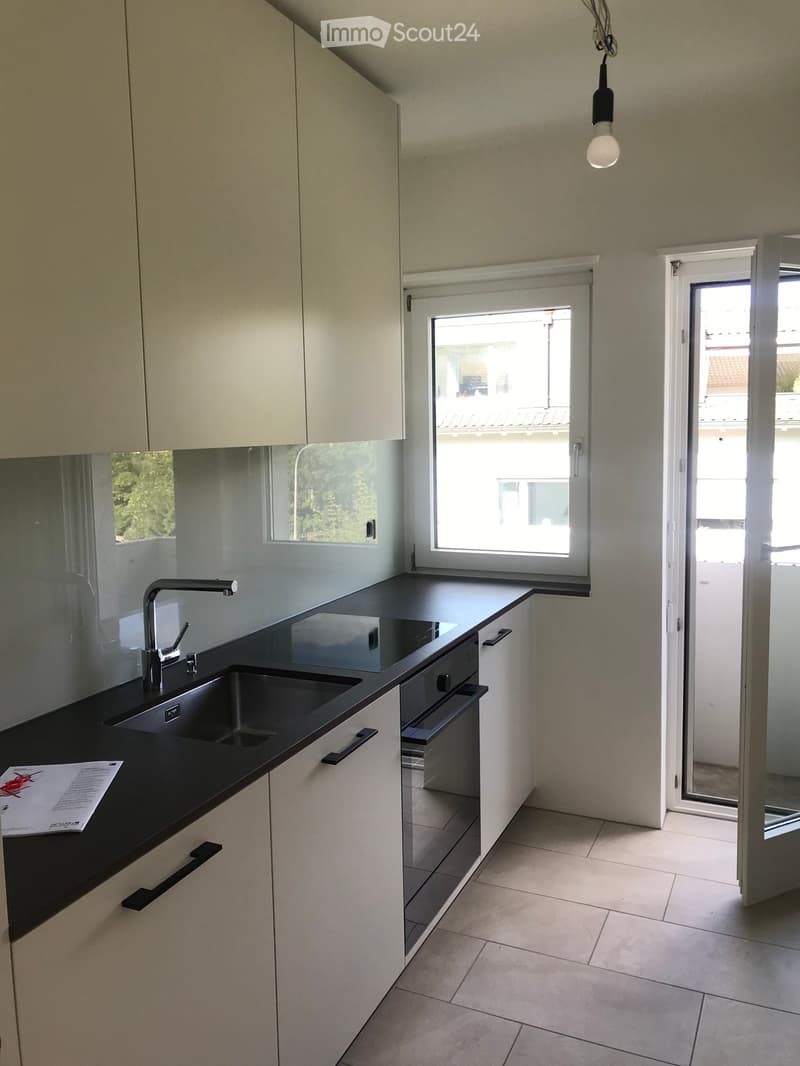 Modern kitchen with white cabinets, black countertop, double sink, and built-in oven. Large windows and sliding glass door provide natural light.