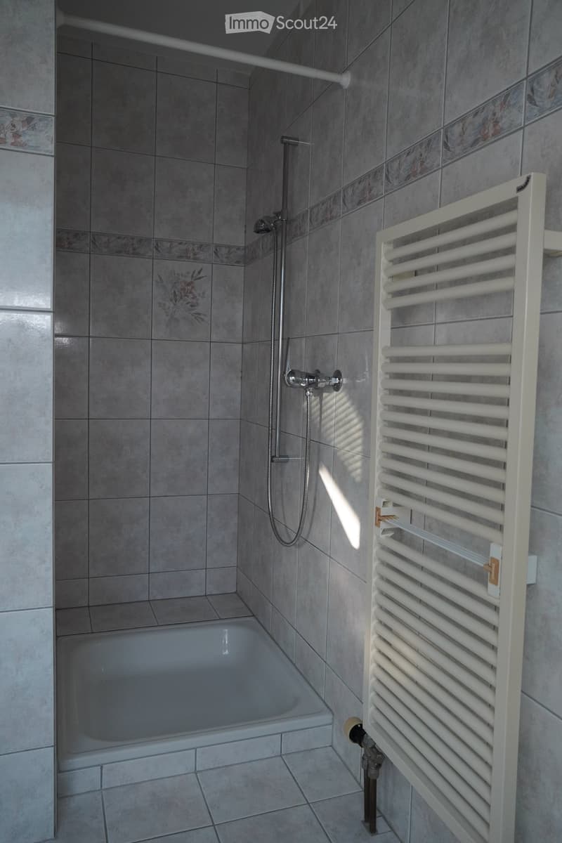 Modern bathroom with a bathtub, shower, and radiator. The walls are tiled with a decorative border, and the floor is tiled.