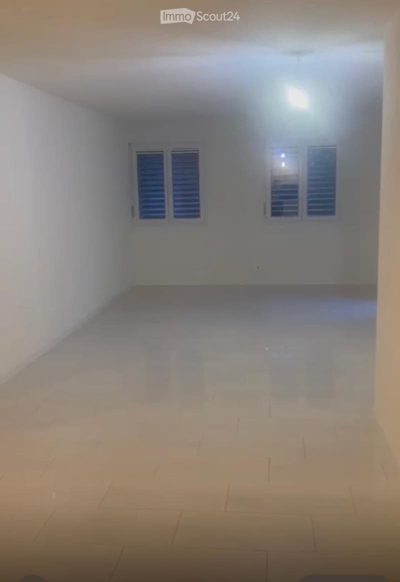 Empty room with white walls, tiled floor, and two windows with shutters.