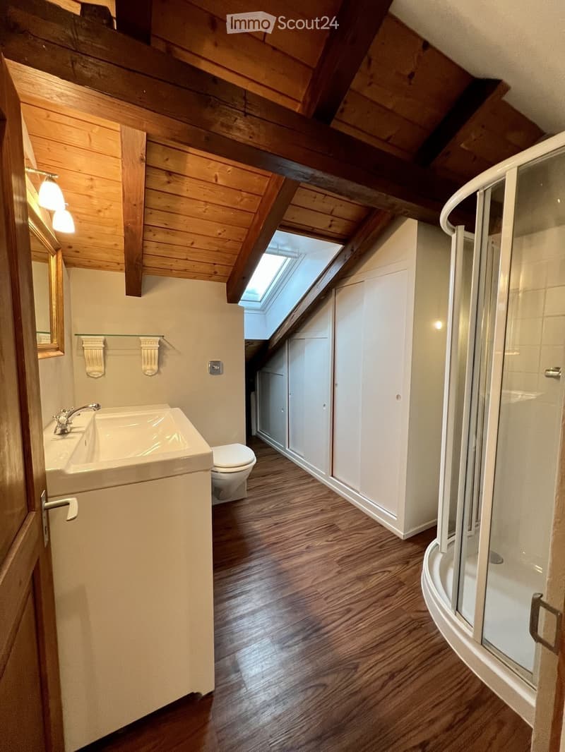 Cozy attic bathroom with wooden beams, skylight, wooden floor, sink, toilet, and shower stall.