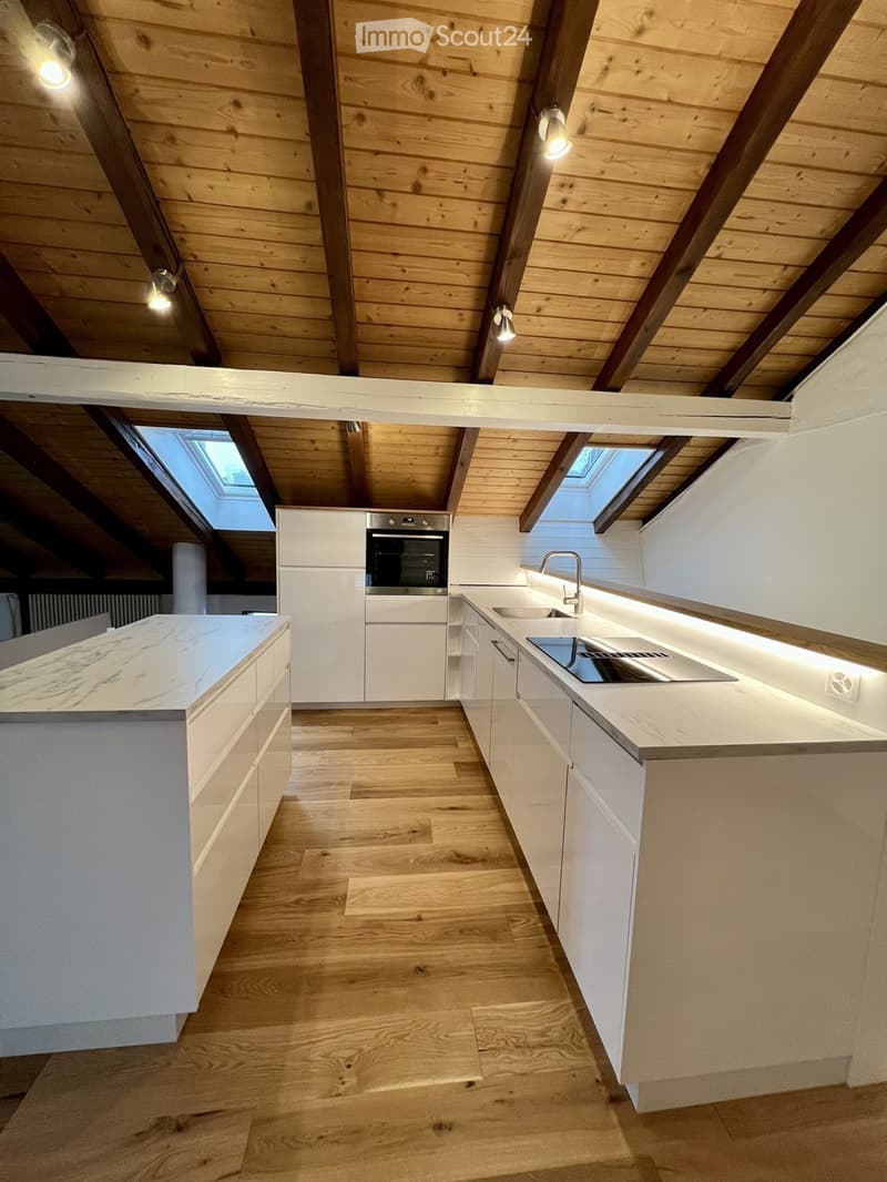 Modern kitchen with white cabinets, wooden flooring, marble countertop, stainless steel sink, and built-in oven. Features skylight windows and recessed lighting.