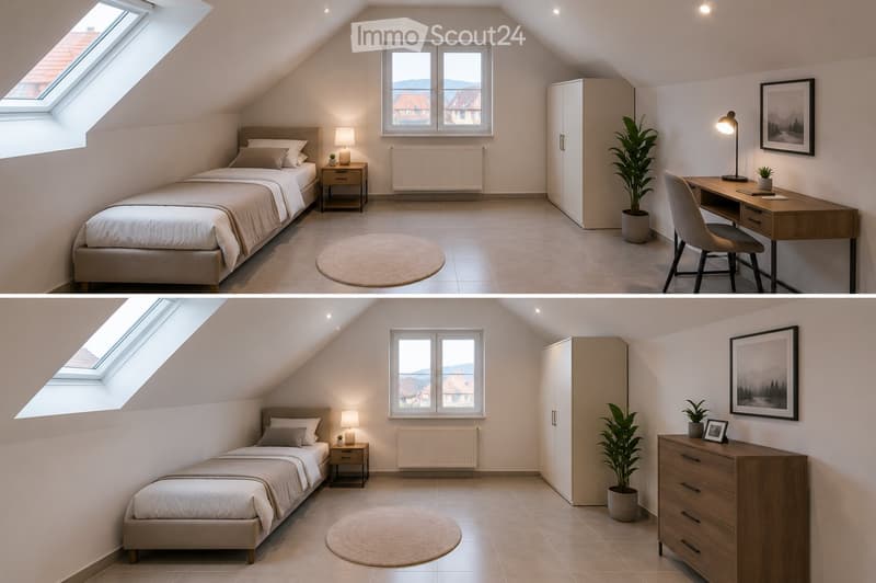 Cozy attic bedroom with a single bed, nightstand, desk, chair, wardrobe, and potted plant. Features large windows and skylight, with a round rug on the floor.