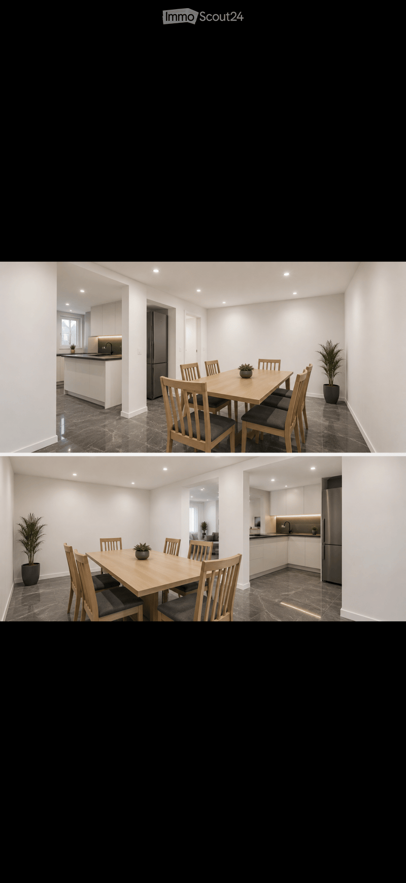 Modern dining area with a wooden dining table and six chairs, a kitchen island with a sink, and a refrigerator. Potted plants are placed near the table and on the kitchen island.