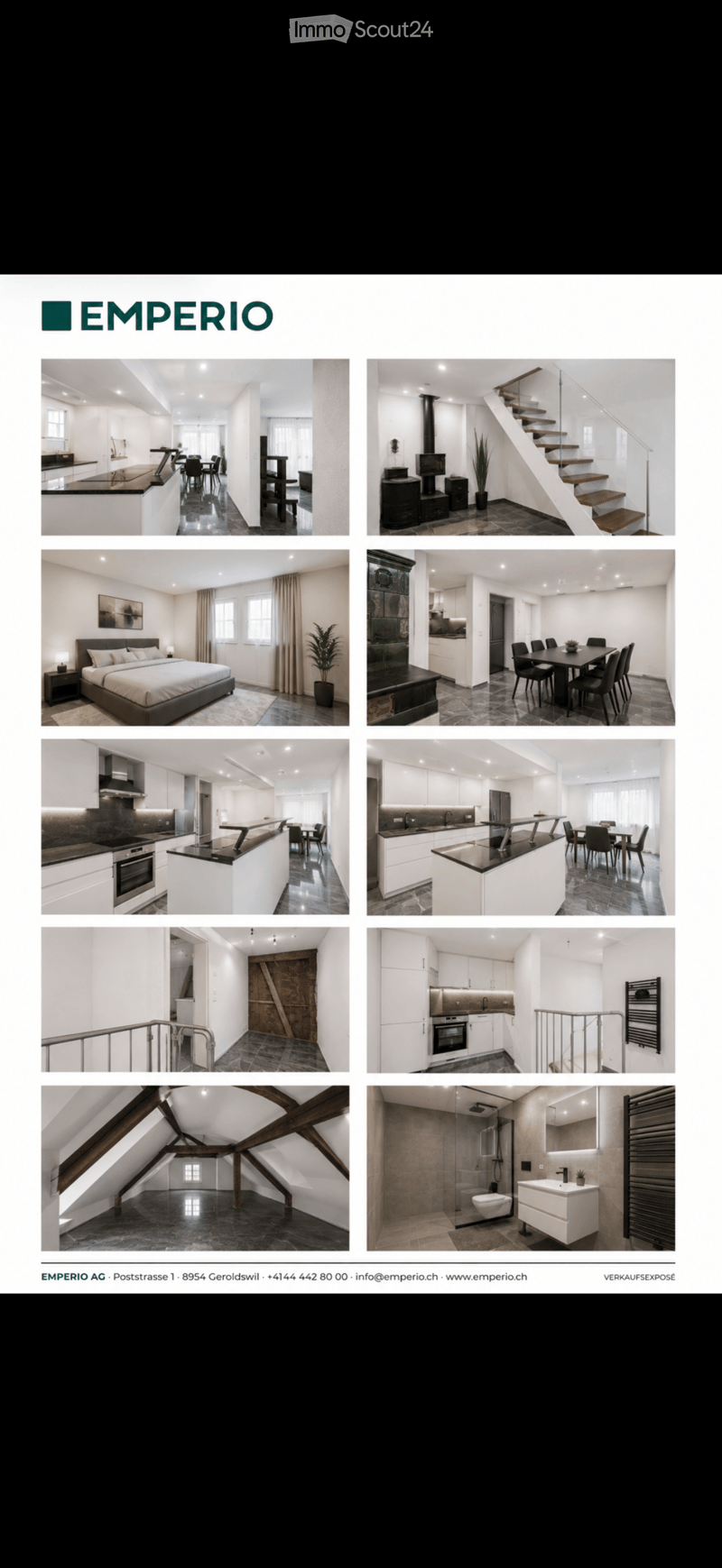 A collection of interior images showcasing a modern, well-furnished house with multiple rooms including a living room, dining area, bedroom, kitchen, and bathroom. The spaces feature contemporary design elements, large windows, and a mix of wooden and til