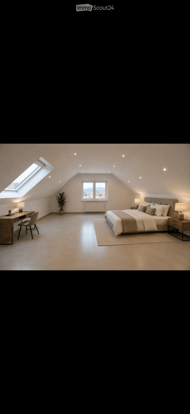 Modern attic bedroom with skylight, large window, bed, nightstand, desk, chair, and potted plant.
