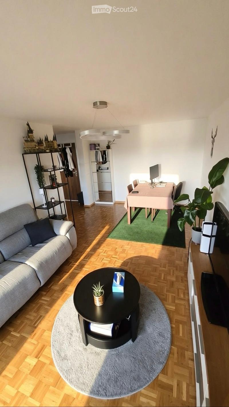 A modern living room with a grey sofa, a black coffee table, a dining area with a pink table and chairs, and a TV stand with a screen. The room features wooden flooring, a large rug, and several plants.