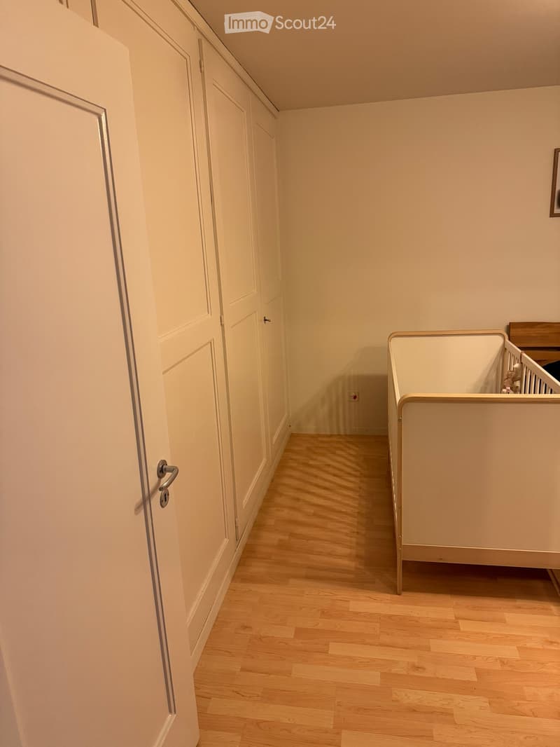 A narrow hallway with light wooden flooring, white walls, and built-in white cabinets on one side. A small staircase with a wooden railing is visible at the end of the hallway.