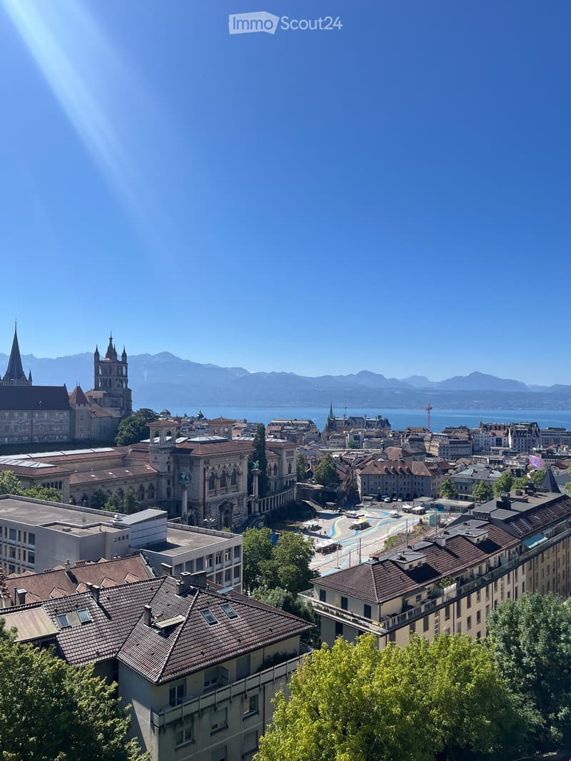 Panoramic view of a cityscape with historic buildings, a lake, and distant mountains under a clear blue sky.