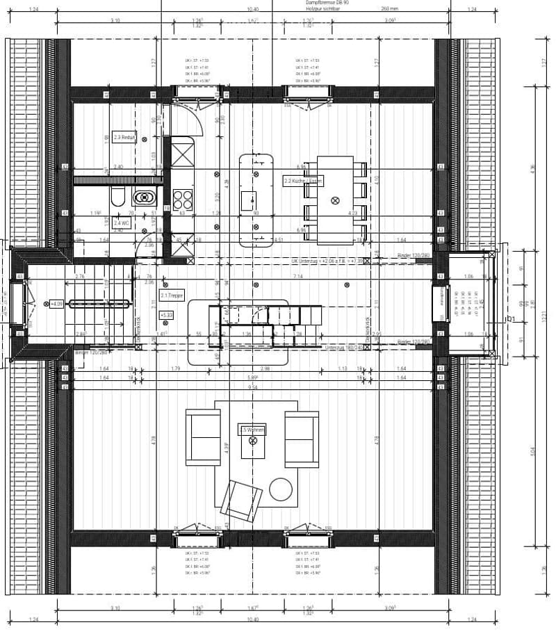 Floor plan of a commercial building with multiple rooms, including a reception area, offices, a kitchen, a restroom, and a storage area.
