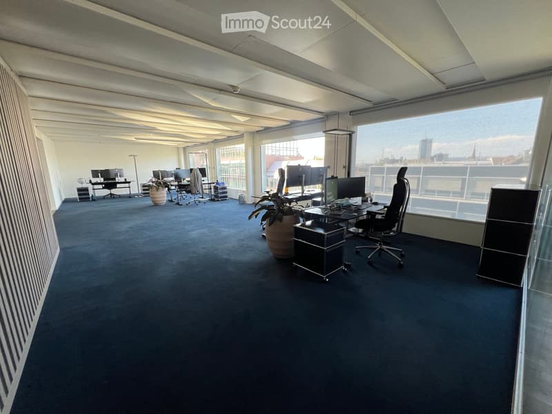 Office space with desks, chairs, multiple computer screens, potted plants, and cabinets.